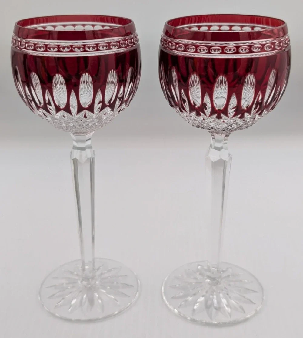 2 Waterford Crystal Clarendon Ruby Red Wine Hock Glass Set Vintage Gothic Mark